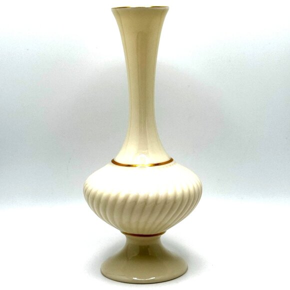 Lenox Savoy Collection Swirl Ribbed Bud Vase Cream & Gold Accents 7" Tall - Picture 1 of 4